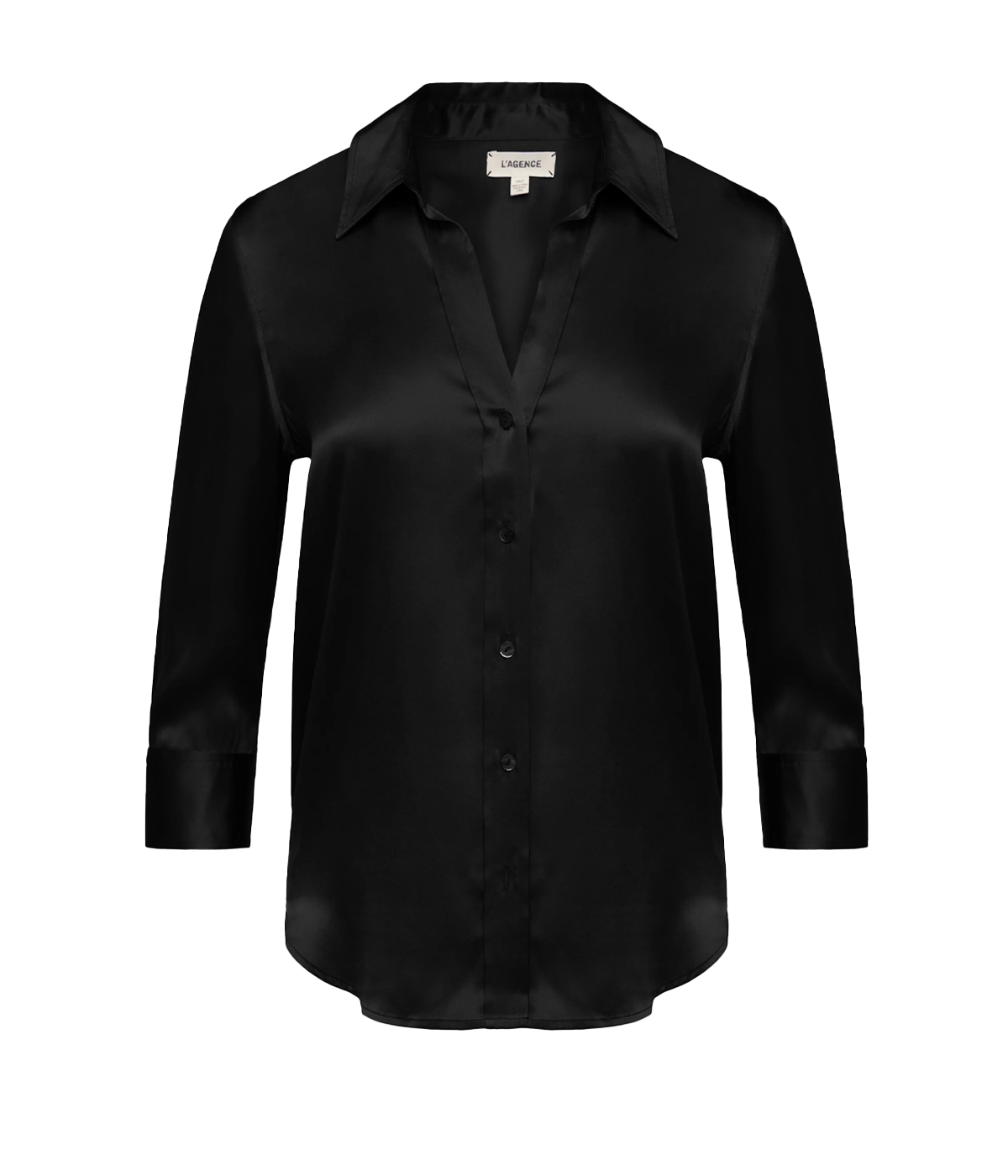 Image of a classic button-down blouse in black, with curved hem, three-quarter-length sleeves, silk, button down detail. Bra friendly, work ware, everyday, throw on and go, bracelet sleeve, made in USA. 