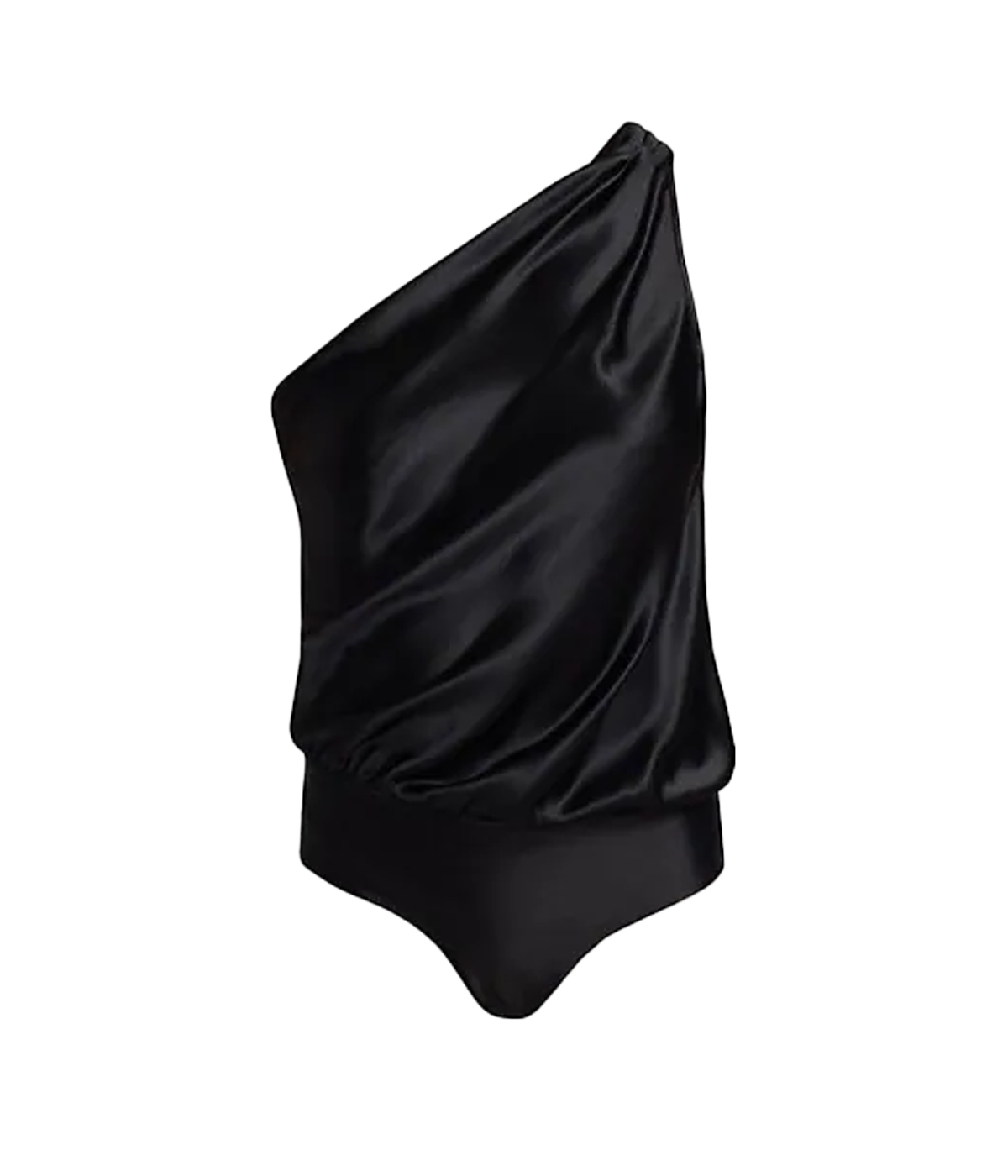 Image of a silk stretch charmeuse, with one shoulder detail, asymmetrical draped neckline. Made internationally, trendy, sophisticated, fashion forward, date night top, sexy top.