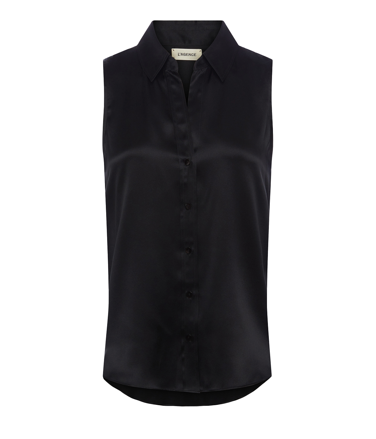 A sleeveless silk blouse, with collar detailing, classic relaxed fit and mother of pearl buttons. 100% silk, everyday top, workwear, throw on and go, bra friendly, made in USA.