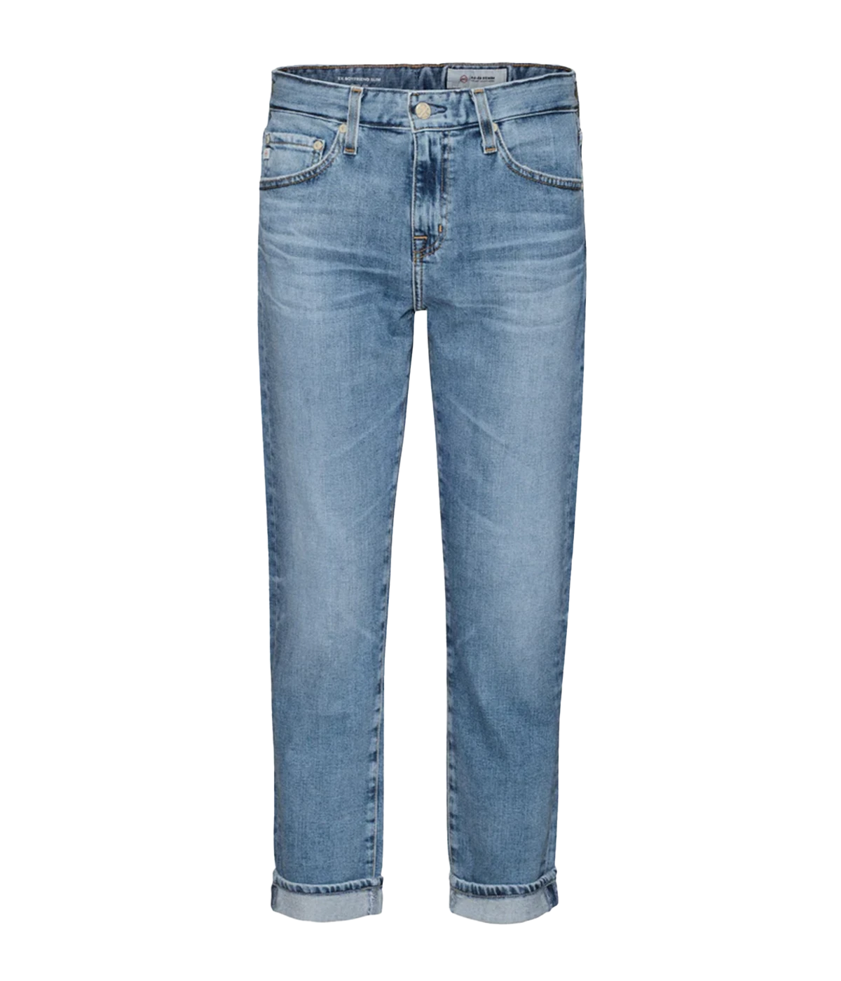 Image of a high waisted slouchy fit denim washed vintage inspired jean, with button and fly details.