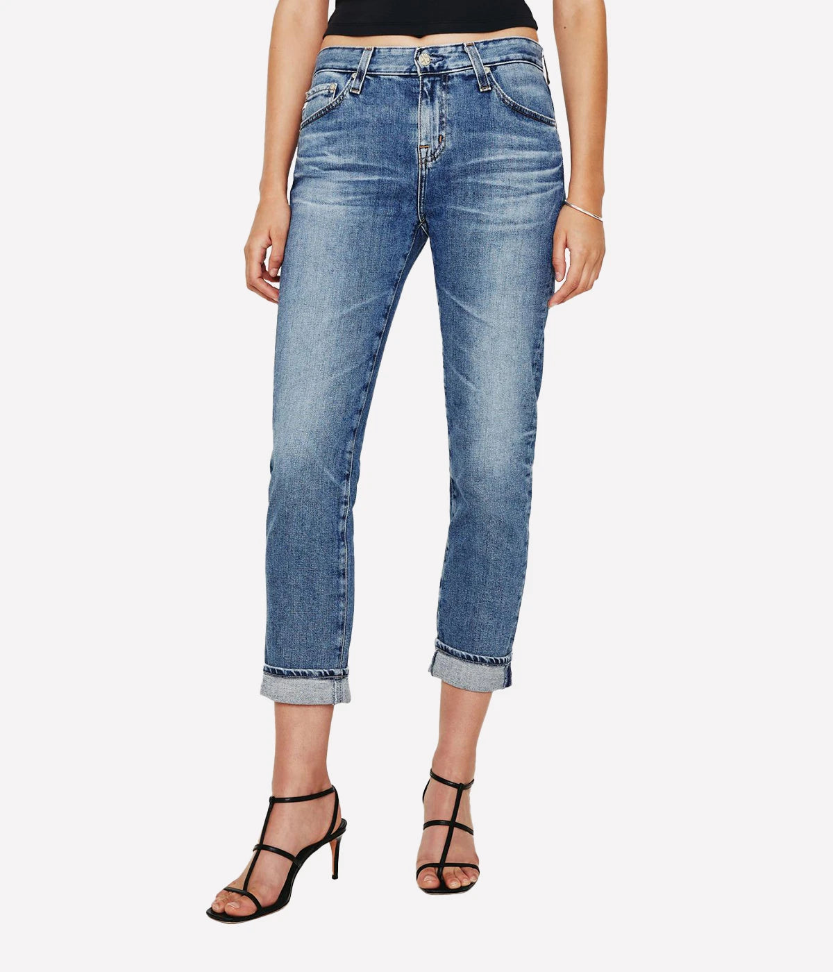ALT text: Light denim wash, high-rise Ex-Boyfriend Slim Jean with vintage-inspired fading and a flattering slim ankle.