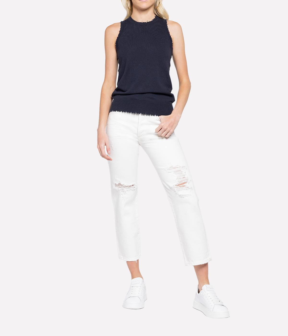 ALT text: Frayed Tank in Navy with distressed crew neck and hem