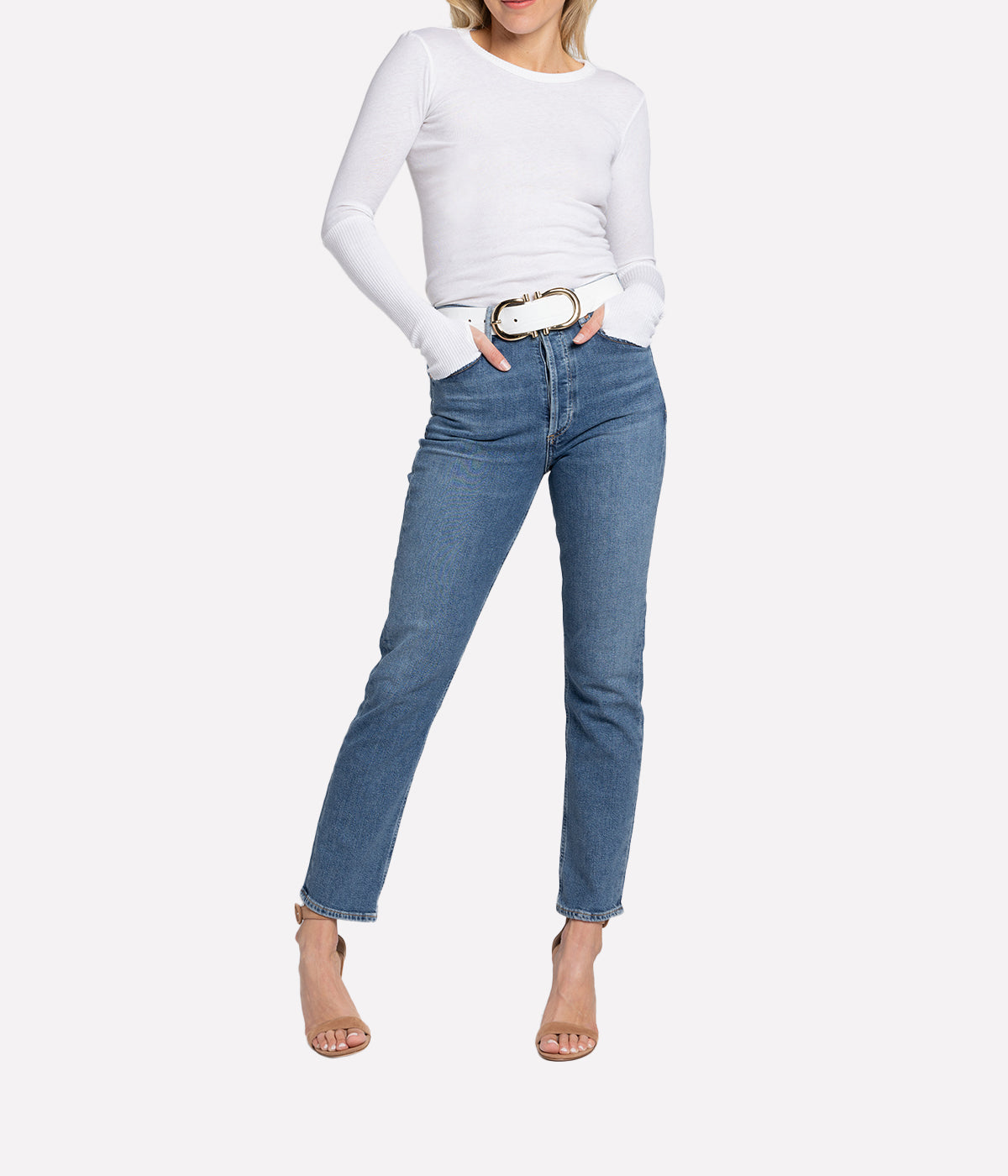 Cashmere Crew Neck Fitted Long Sleeve Top in White