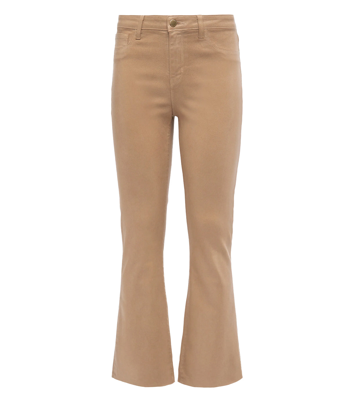 Image of a high-rise cropped flare coated jean in a beige, chic flare hem raw hem and 5-pocket construction, zip fly closure. Premium denim, crop jean, flare jean, everyday jean, throw on and go, made in USA.