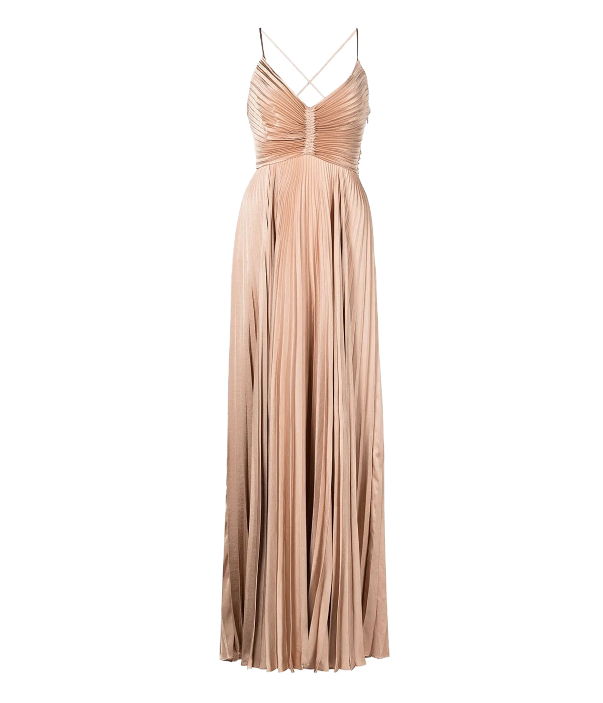 ALT text: Maxi dress in bella neutral with thin cross-back straps, cinched cutout, and tie detailing.