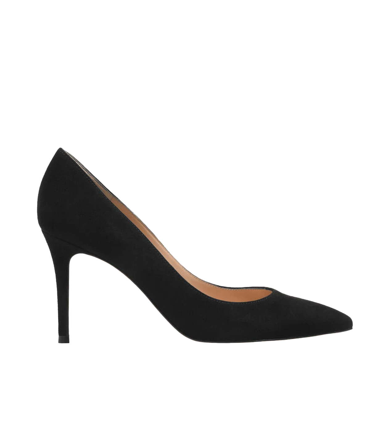 Image of a black suede 85mm pump. Featuring a pointed toe and beige sole.