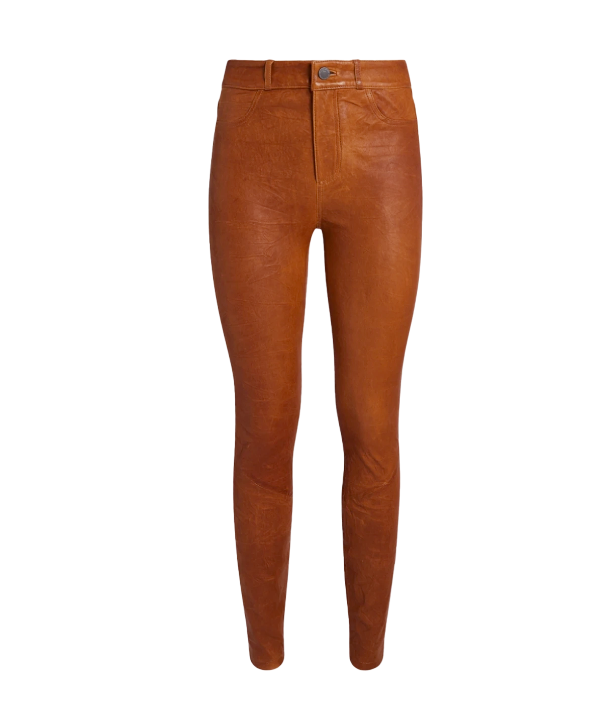 High-rise leather skinny pants in deep brown, crafted from 100% lamb leather bonded with stretch-cotton, featuring a subtly wrinkled texture.