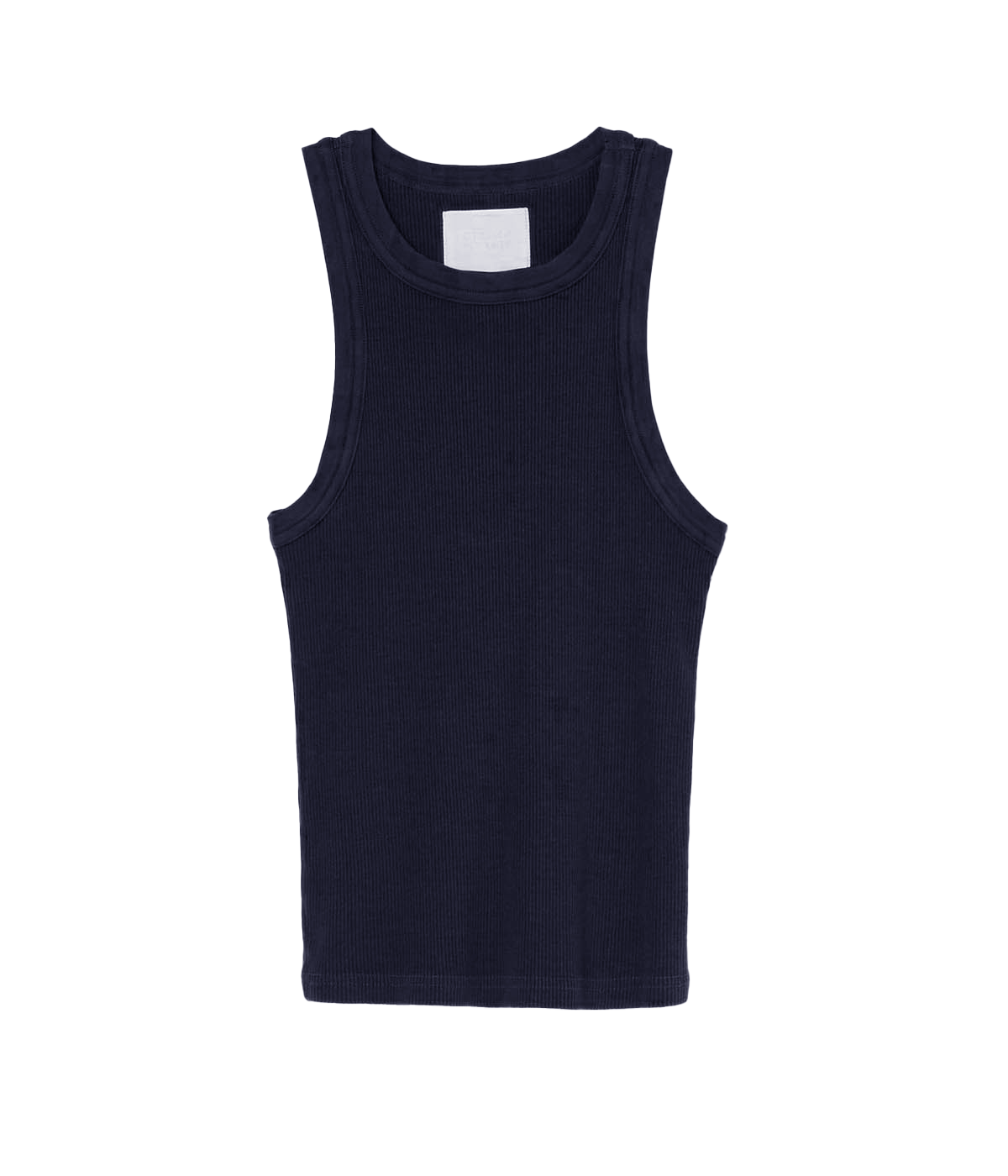 Image of a cotton racerback-style tank top featuring a scoop neckline, ribbed material in a true navy colourway.
