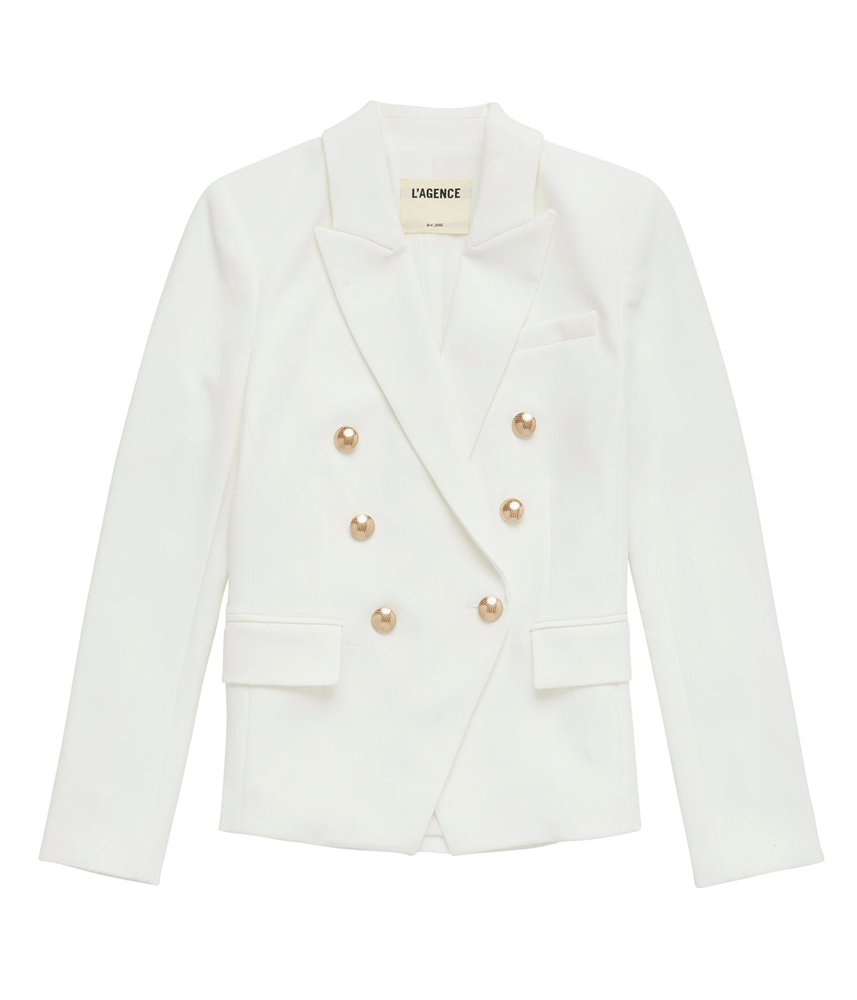 An everyday classic white double breasted blazer, with gold hardware, strong shoulders, peaked lapels, seamed flap pockets, and a fitted, tapered waist. Workwear, everyday basic, timeless, chic, trendy, made in USA.