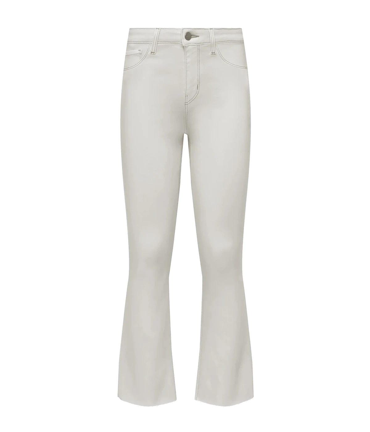 A high rise classic cropped flare jean, in a white colourway. With Silver hardware, contrast stitching, flared leg and raw hem. Throw on and go, elevated jean, comfortable, made in USA.
