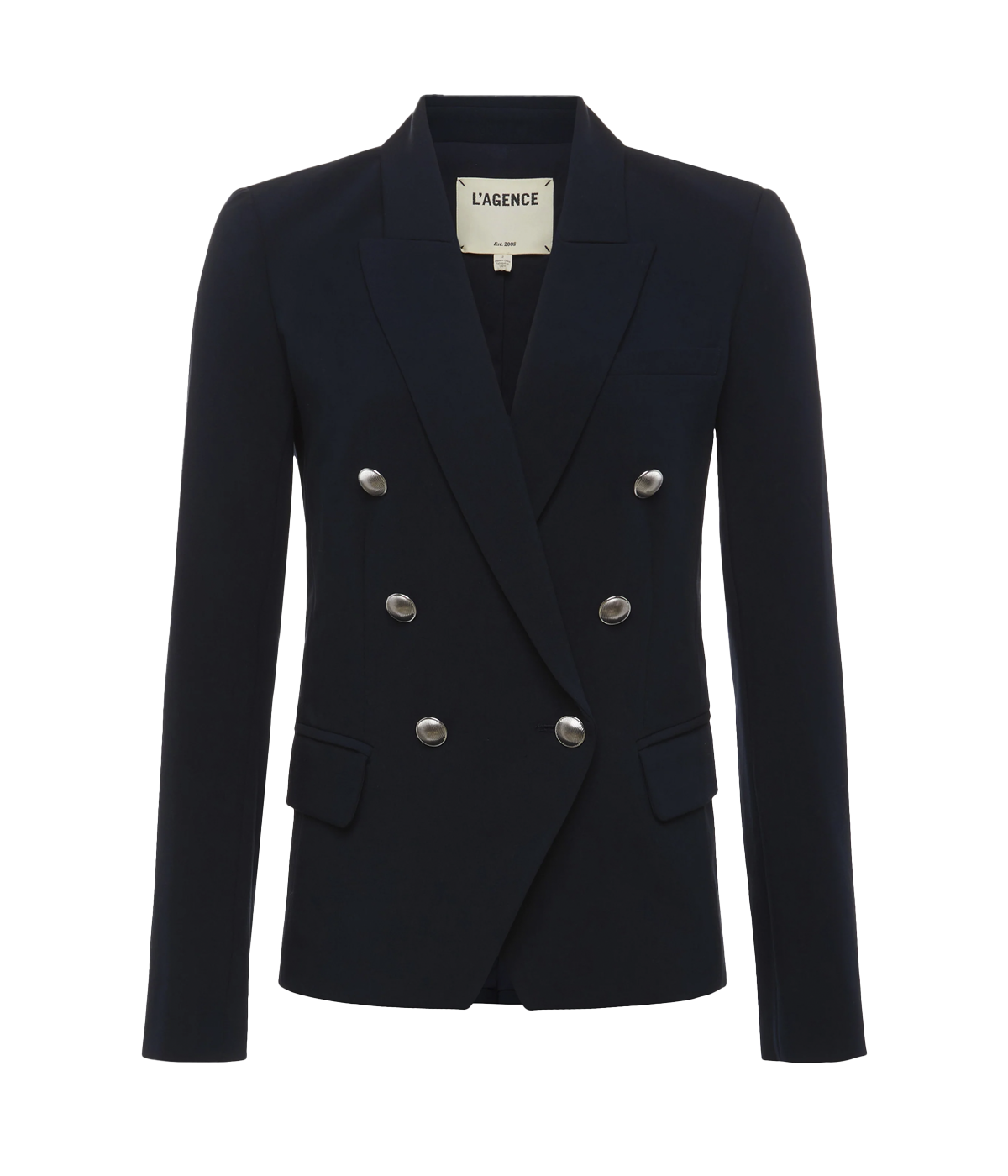 Image of a classic chic navy blazer, with double breasted button closure, cotton, strong shoulders, peaked lapels, flat pockets. Workwear, basic blazer, classic look, made in USA.