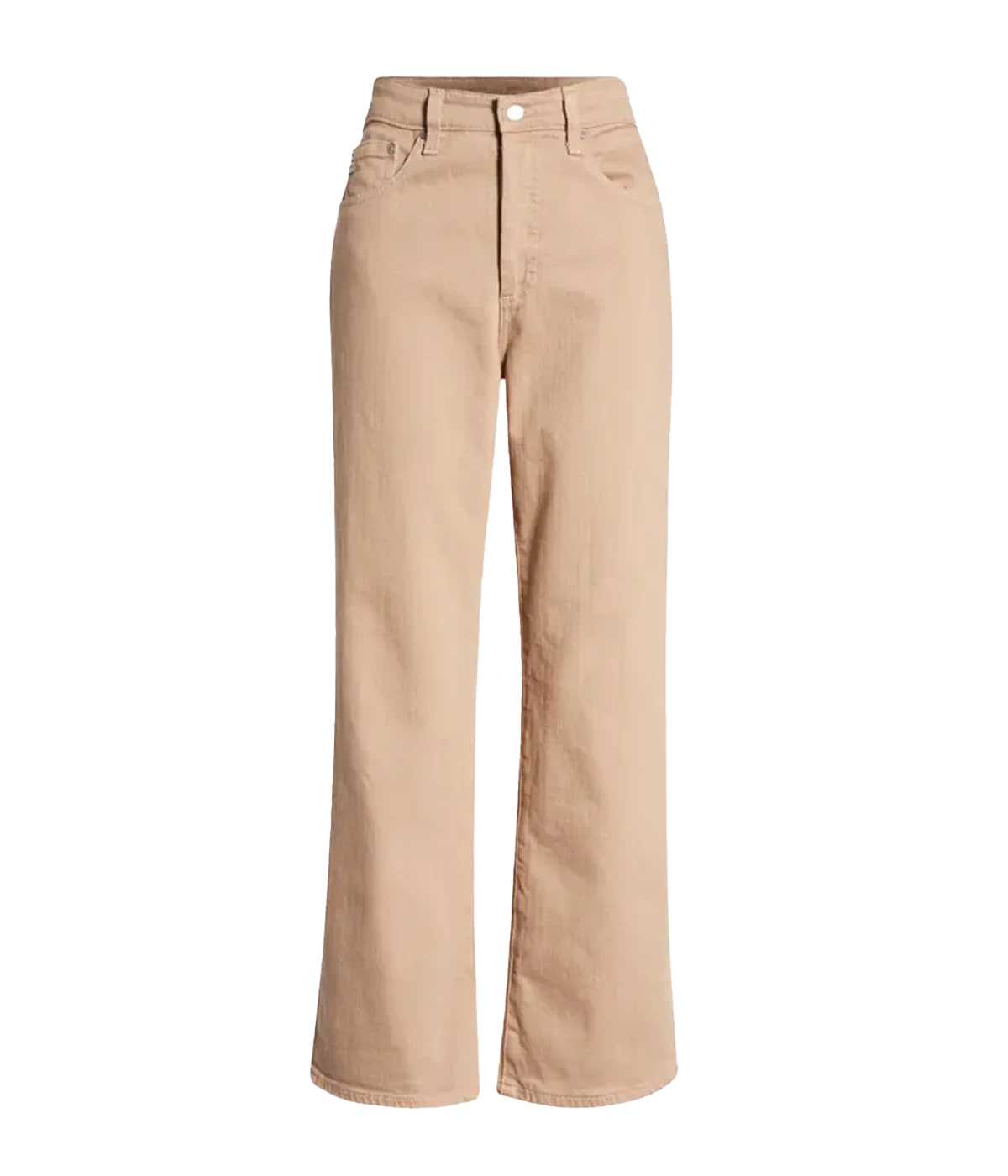 Image of a ultra-high waist caramel coloured jean, with a full leg and ankle cropped hem. Featuring a button and fly detailing. 