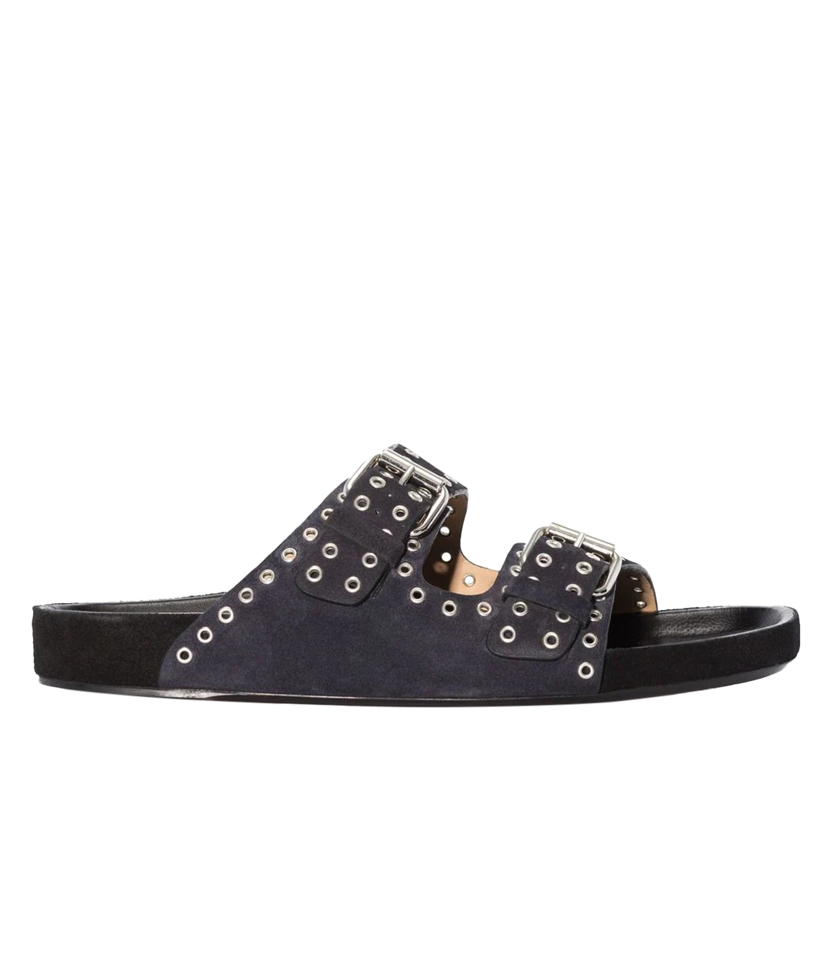 Image of a birkenstock inspired black suede flat sandal. It has two adjustable buckle straps with silver stud eyelet. Beach vacation, comfortable, european style, french designer.