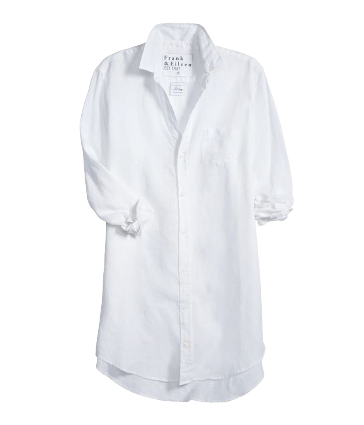 Mary Woven Linen Button-Up Dress from Frank & Eileen, made from 100% linen. Classic shirt dress with a loose silhouette, above-the-knee hemline, and long sleeves. Versatile summer piece, perfect as a beach cover-up or paired with statement sandals for a date night.