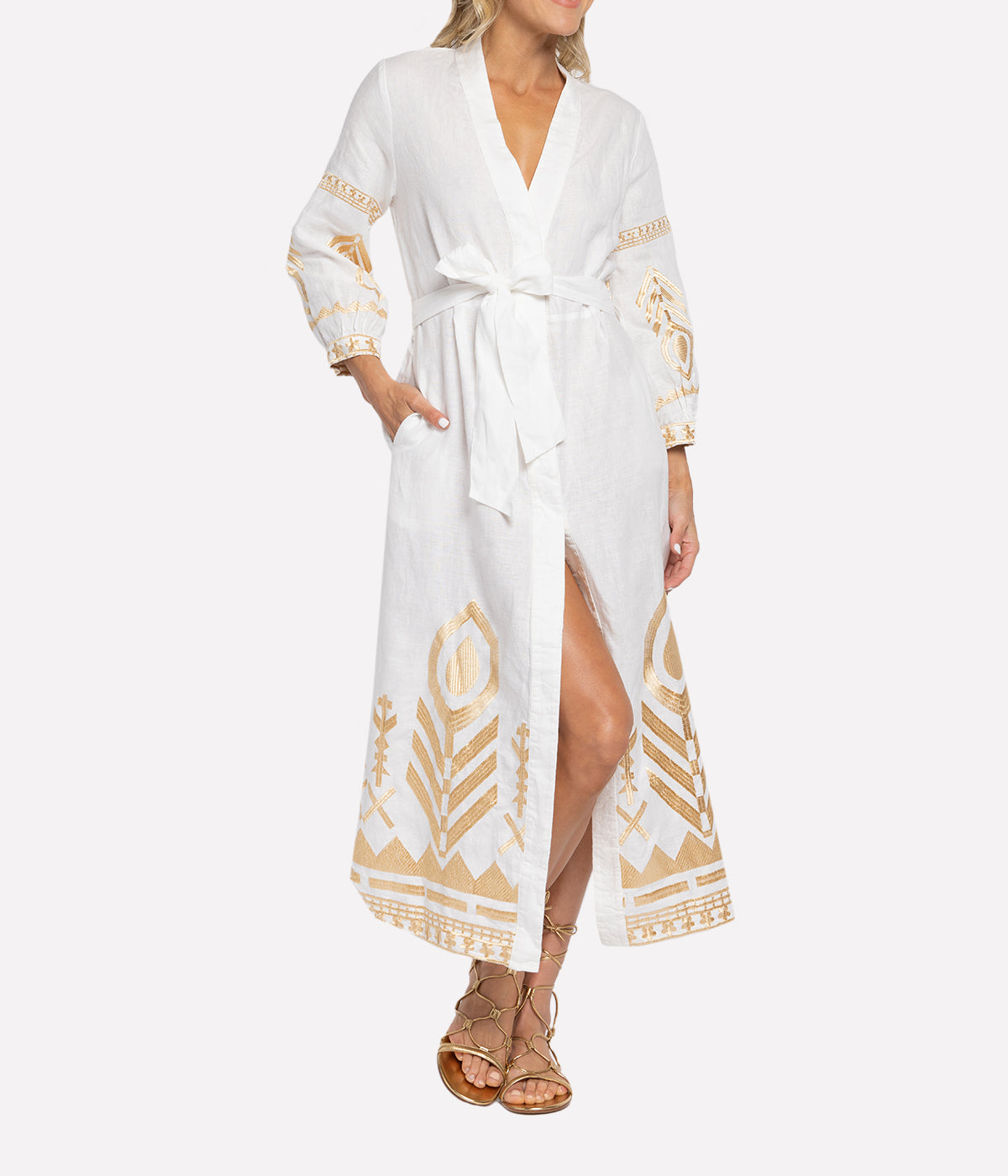 Mykonos Long Sleeve Dress in White & Gold