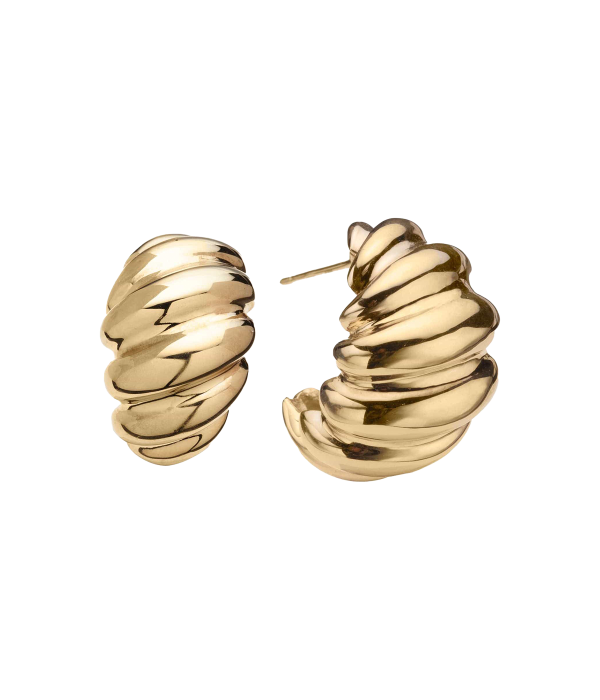 Image of a pair of gold croissant shape ridge texture stud earrings, with stud closure. 