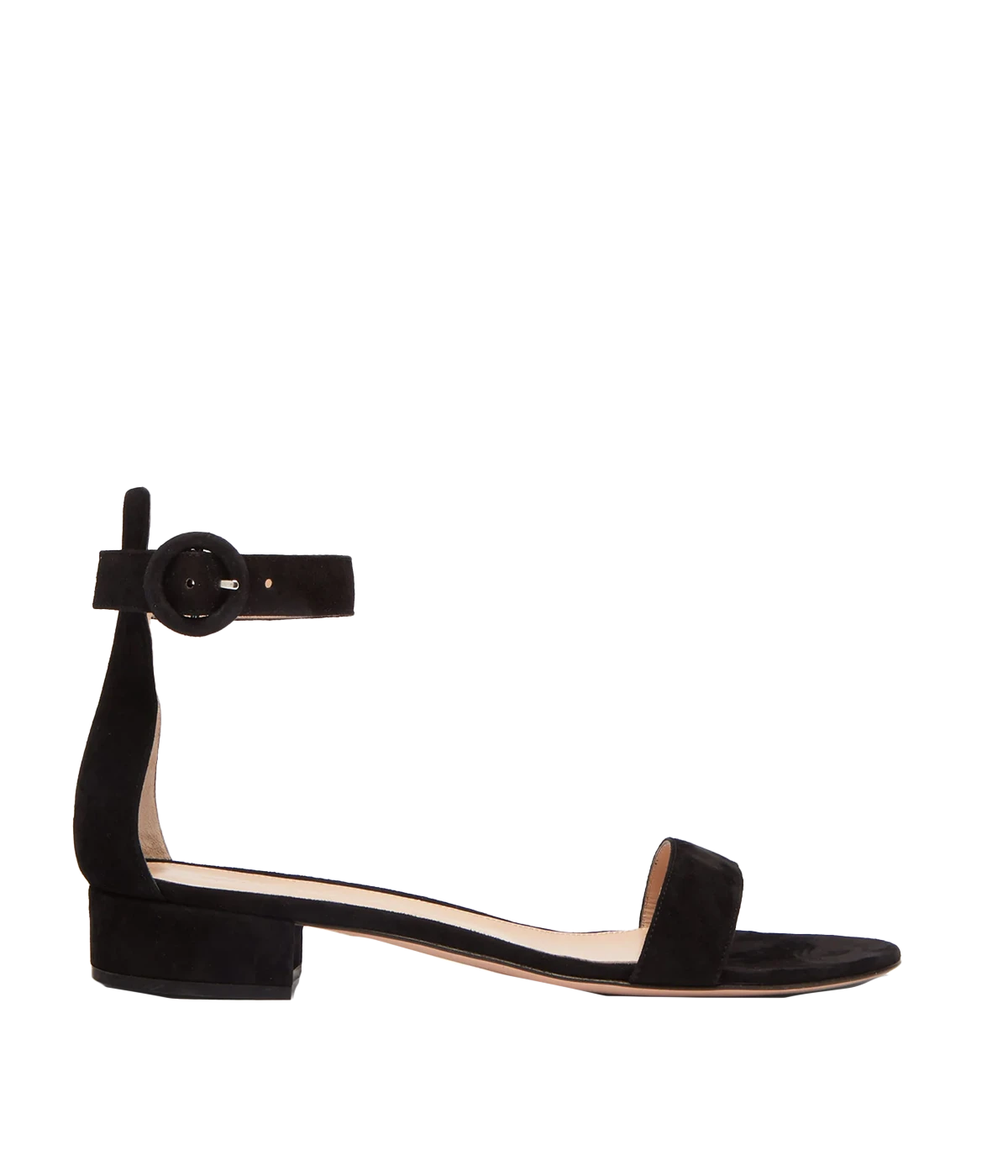 Image of a black leather 20mm flat sandal, with an ankle and toe strap.