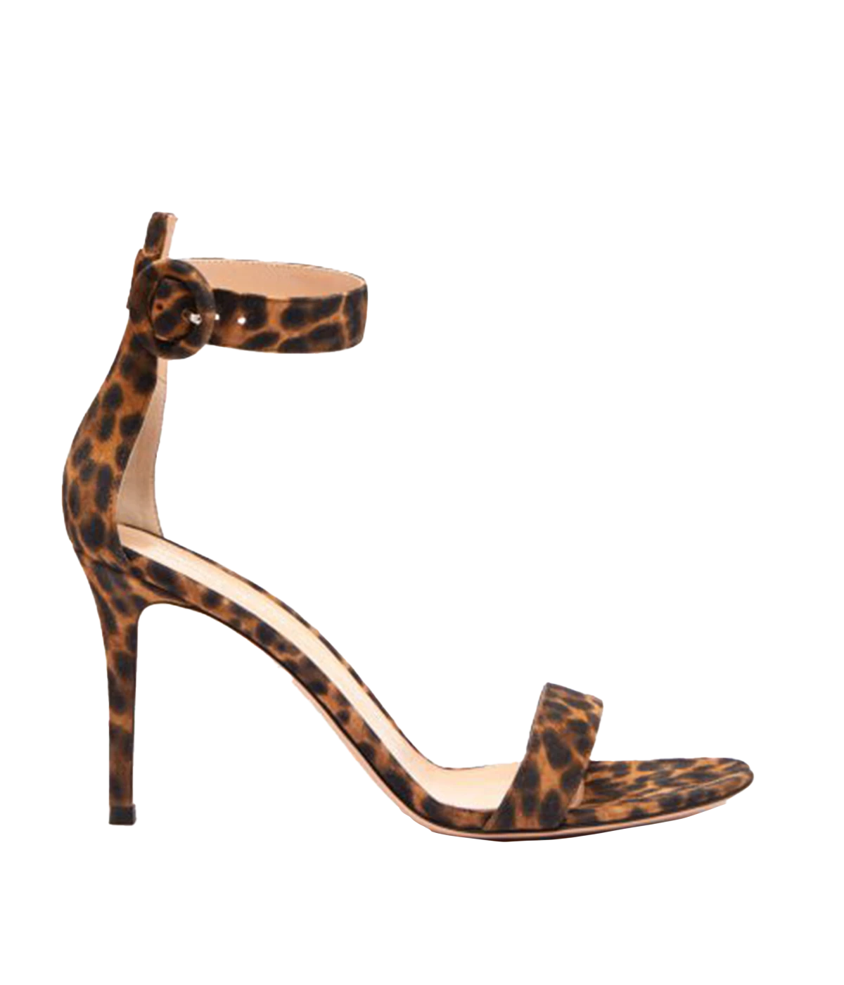 Image of a 85mm heeled sandal, featuring a leopard print, ankle and tie strap with ankle backing support.