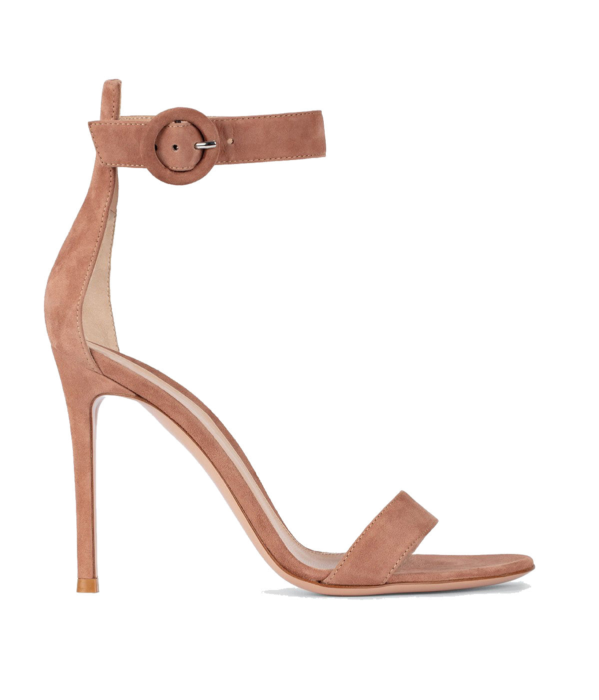 Gianvito Rossi Portofino stiletto sandals in sued praline, featuring soft suede straps, a round buckle ankle fastening, and a slender 10.5cm stiletto heel.