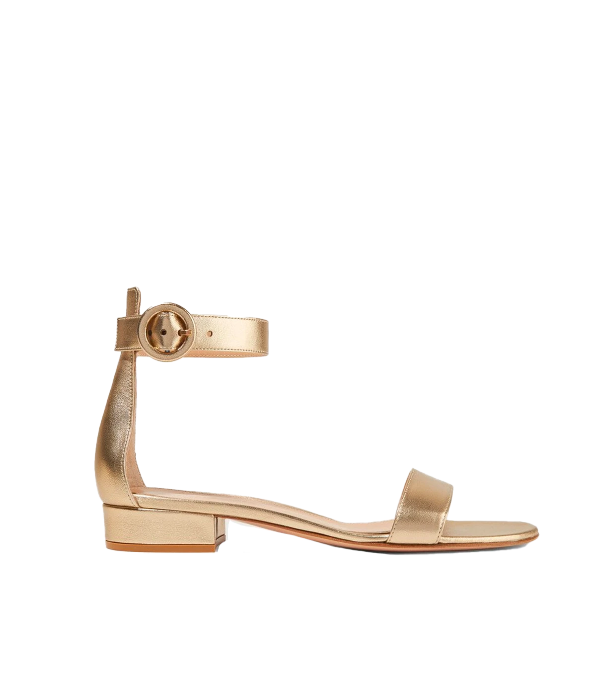 Image of a 20mm healed sandal in a metallic gold, featuring a adjustable ankle strap and thin strap across the toe bed.