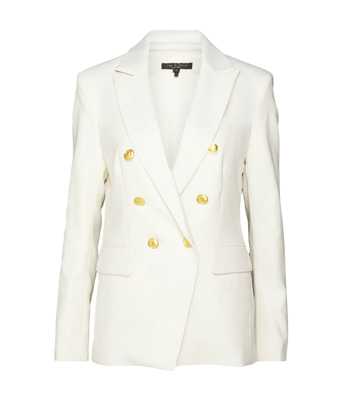 Image of a white tailored blazer, with large gold button detailing, lapel collar and structured shoulders. 