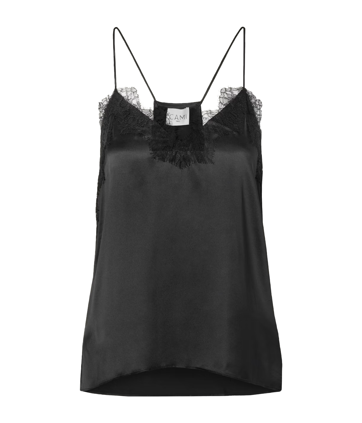 Image of a racer back camisole in black, with delicate lace neckline detailing, v neckline. Made Internationally, sexy date night top, sleeveless, date night top.