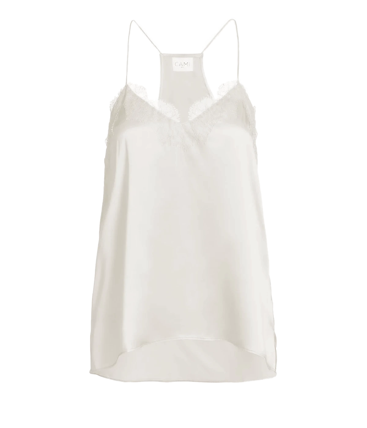 Image of a spaghetti strap off white silk camisole, with lace neckline detailing, low back neckline with a lace cross-over. Made internationally, trendy, sophisticated, fashion forward, date night top, sexy top. 