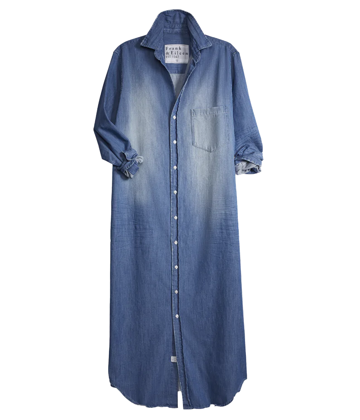 Rory Woven Denim Long Dress in Distressed Vintage Wash