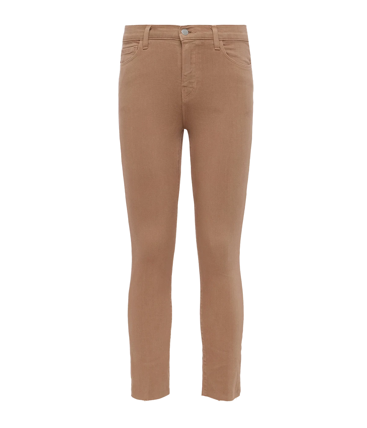 A classic high rise cropped jean, in a muted brown colourway, premium stretch denim, five-pocket construction, slim fit straight leg, made in USA.