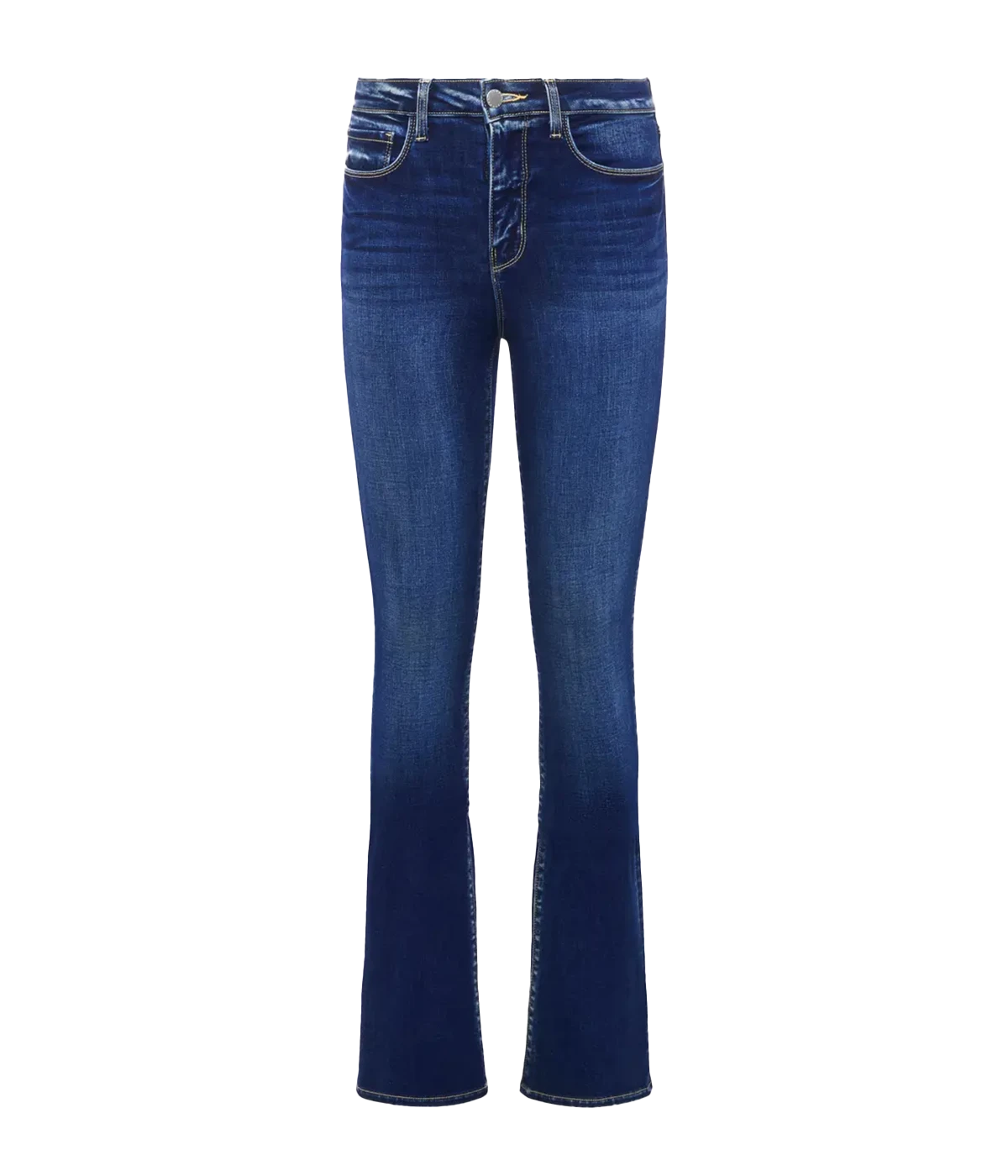 Image of a classic high rise mid tone denim wash jean, with micro flare, five-pocket and front zip fly closure. Fashion forward, trendy, everyday denim, bootcut hem, made in USA. 