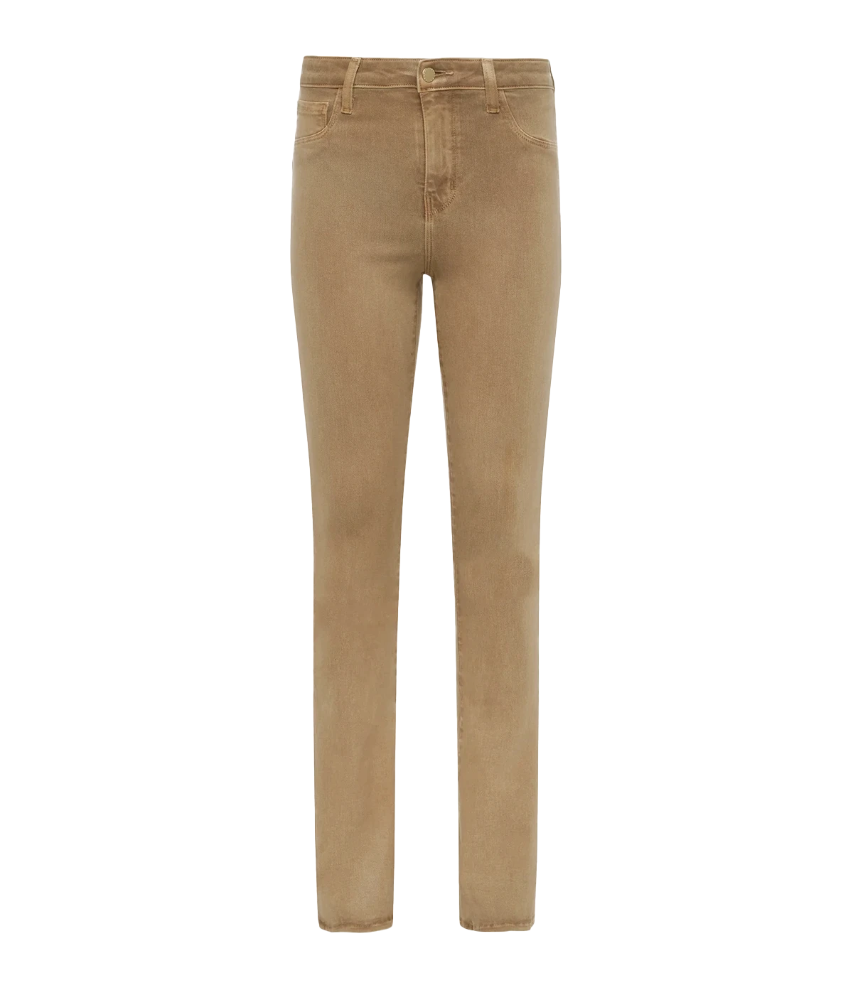 Image of a classic high rise denim coated jean, in a cappuccino colourway, with micro flare, five-pocket and front zip fly closure. Fashion forward, trendy, everyday denim, bootcut hem, made in USA, comfortable jean, everyday jean. 