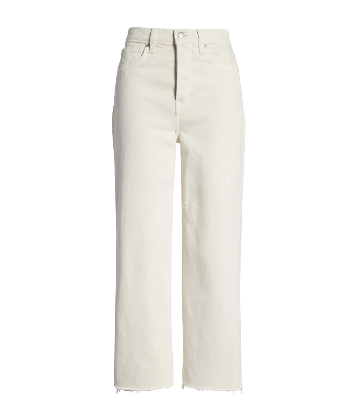 Image of an off white high rise straight leg jean, with a cropped hem, distressed ankle and vintage relaxed cut. Featuring a fly and button fastening and belt loop holes. 
