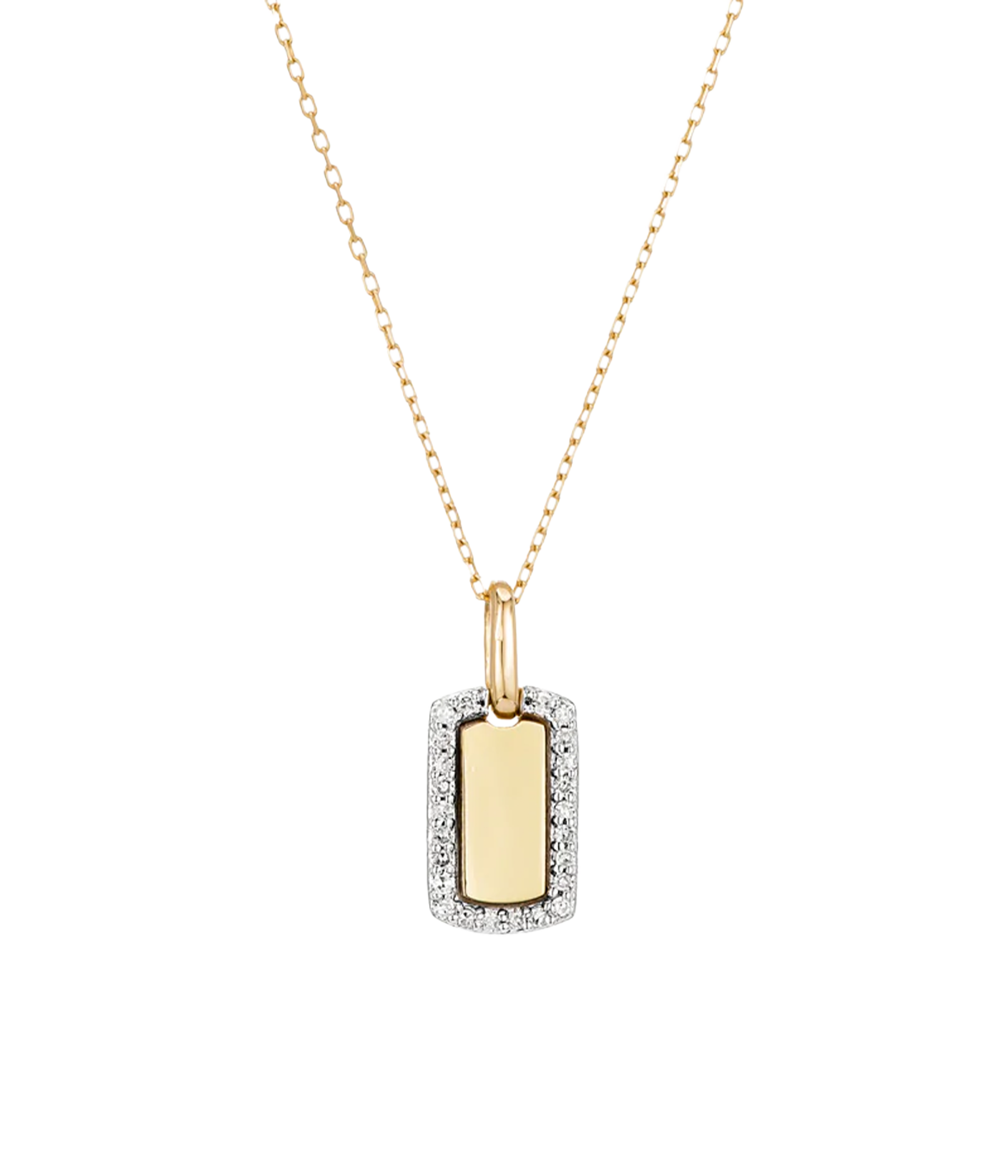 Tiny Pave Dog Tag Necklace in 14K Yellow Gold