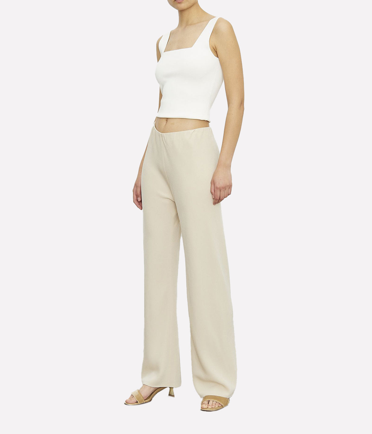 ALT Text: Soft crepe pant by Vince with a relaxed leg, elasticated waistband, and pull-on design for a chic yet comfortable look, made from a blend of acetate and polyester.