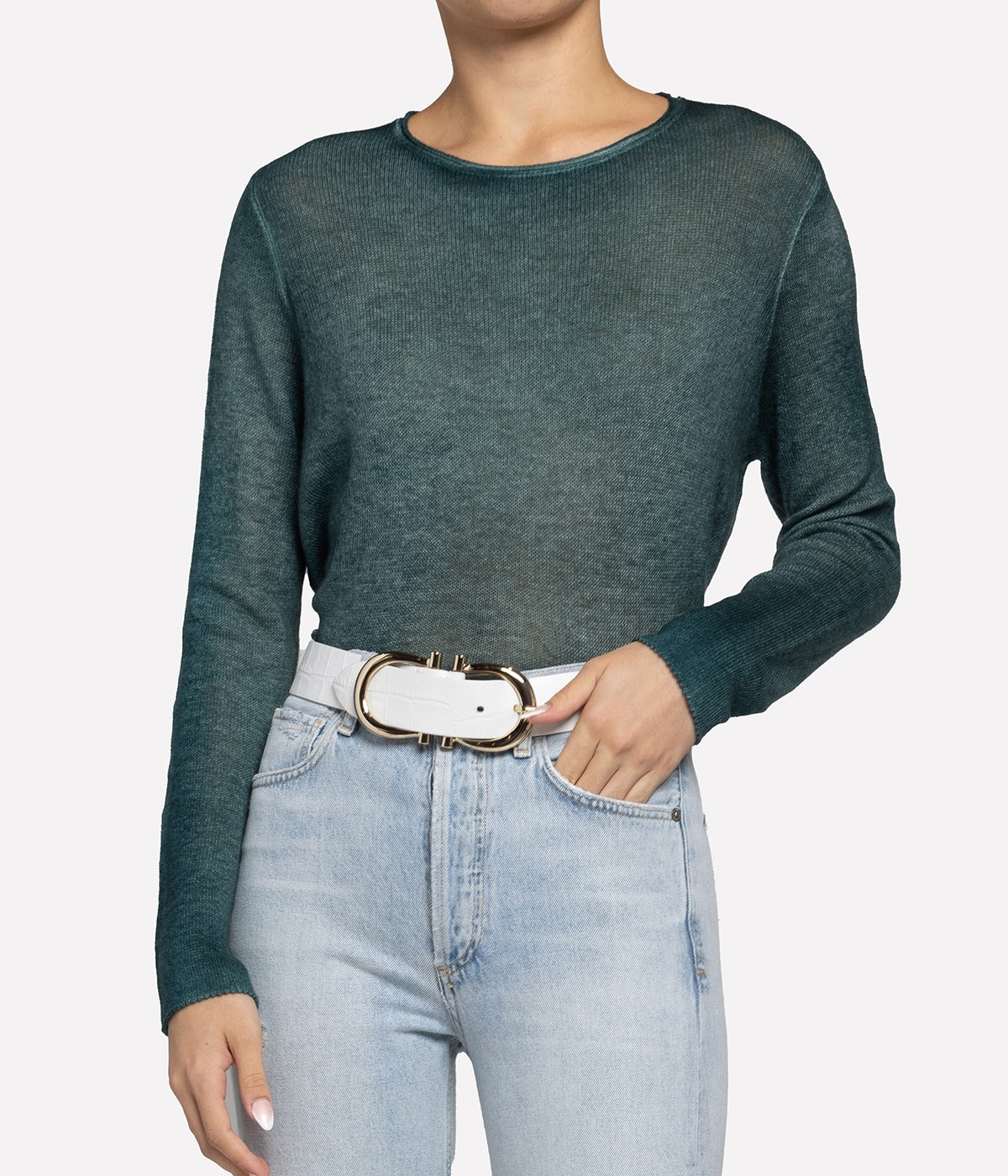 Light Cashmere Gauge Round Neck Pullover in Forest
