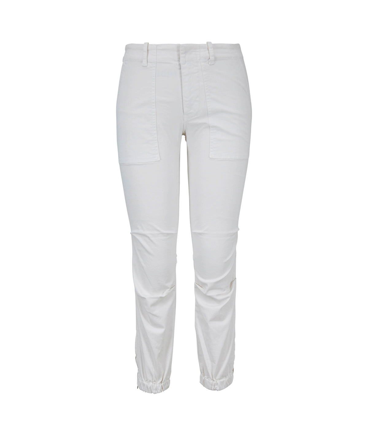 ALT text: Nili Lotan cropped military pant with pleating at the knees, elasticised ankles with exposed zippers, and patch pockets