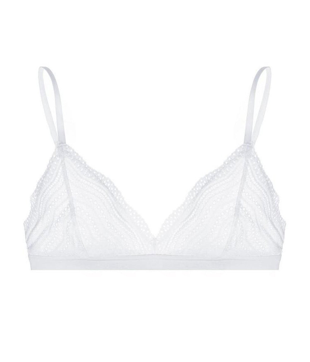 ALT text: Cosabella Dolce Soft Bra in chevron lace with semi-sheer mesh cups and scalloped trim