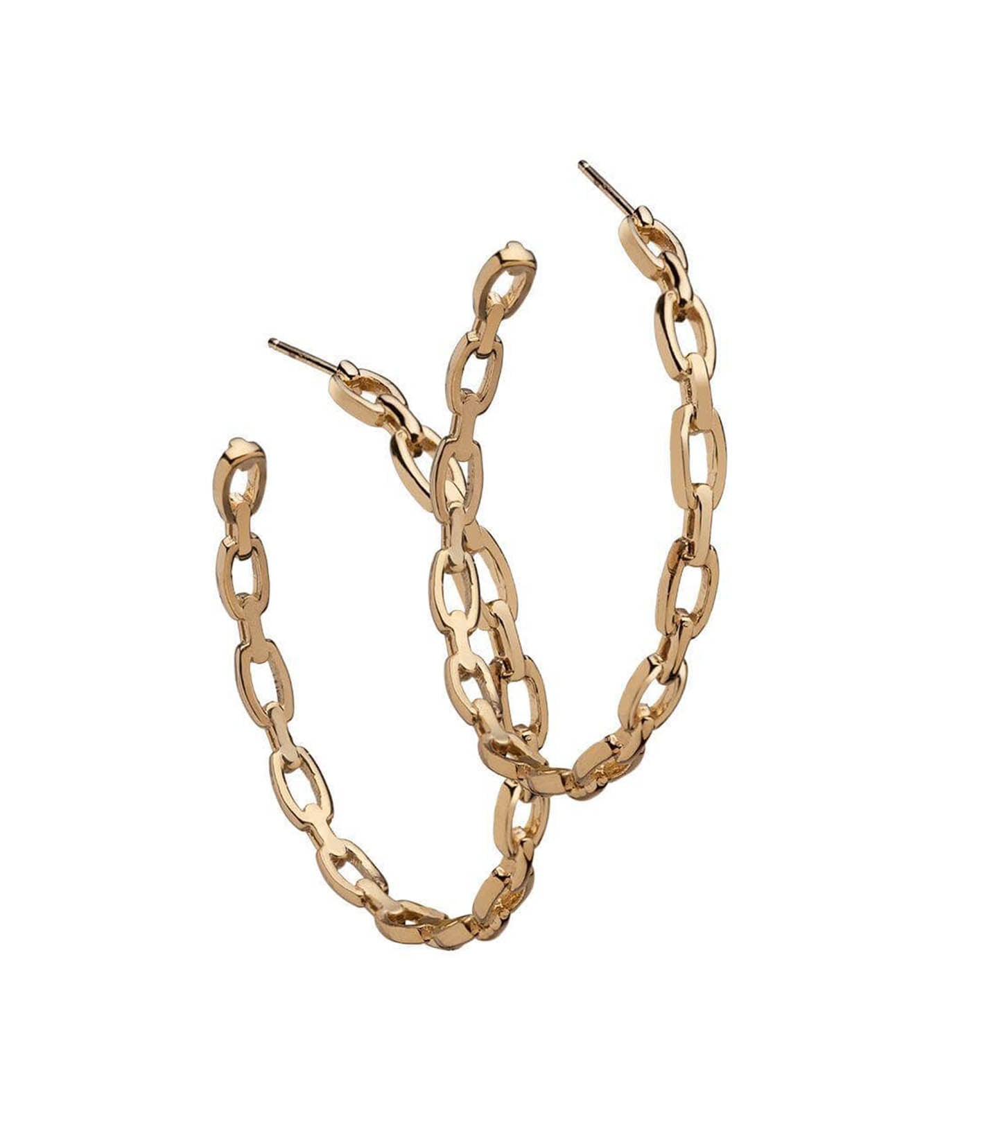 ALT text: Carmine Hoops with interlocking chain links in 14k yellow gold-plated sterling silver, featuring a sculptural design and oversized silhouette.