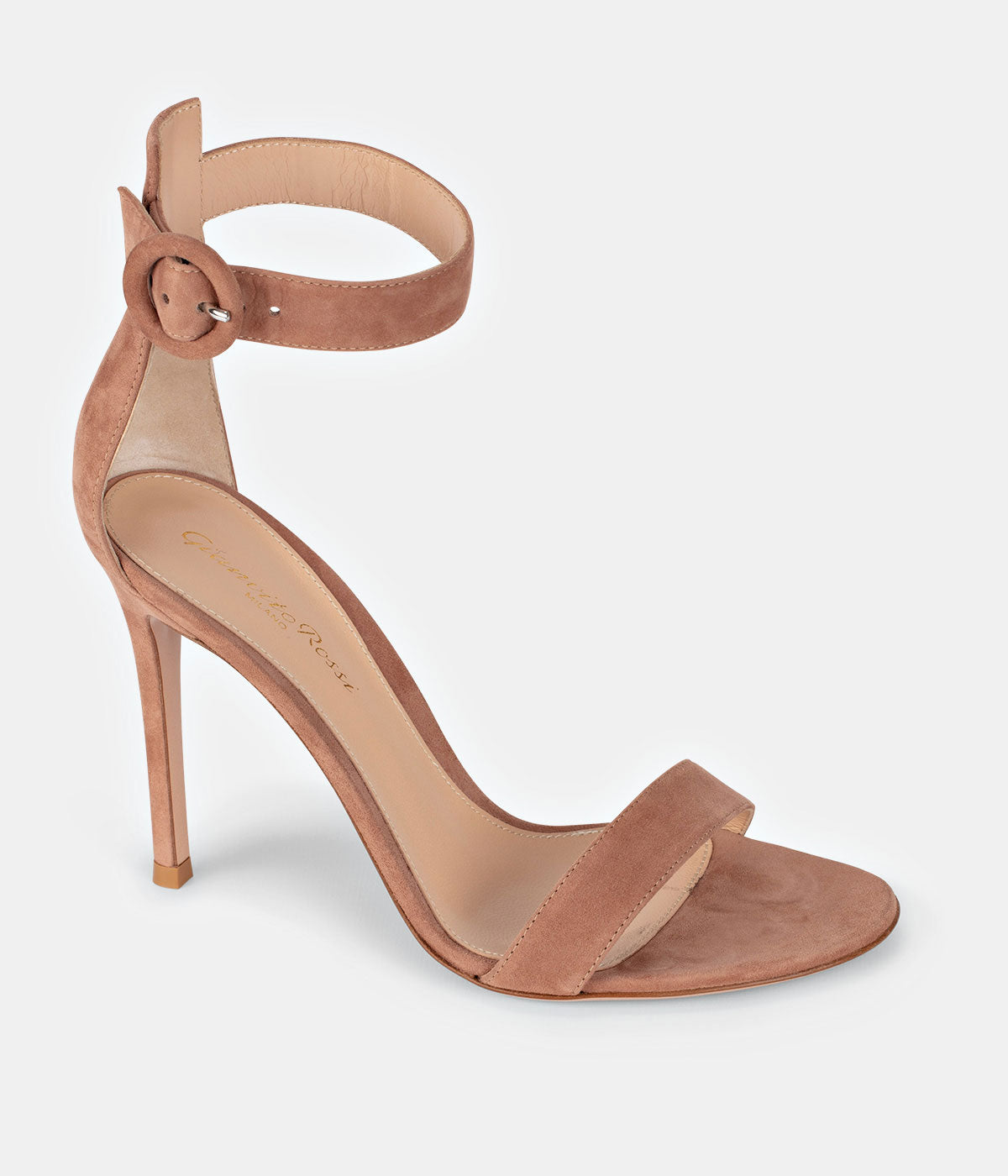 Gianvito Rossi Portofino stiletto sandals in sued praline, featuring soft suede straps, a round buckle ankle fastening, and a slender 10.5cm stiletto heel.