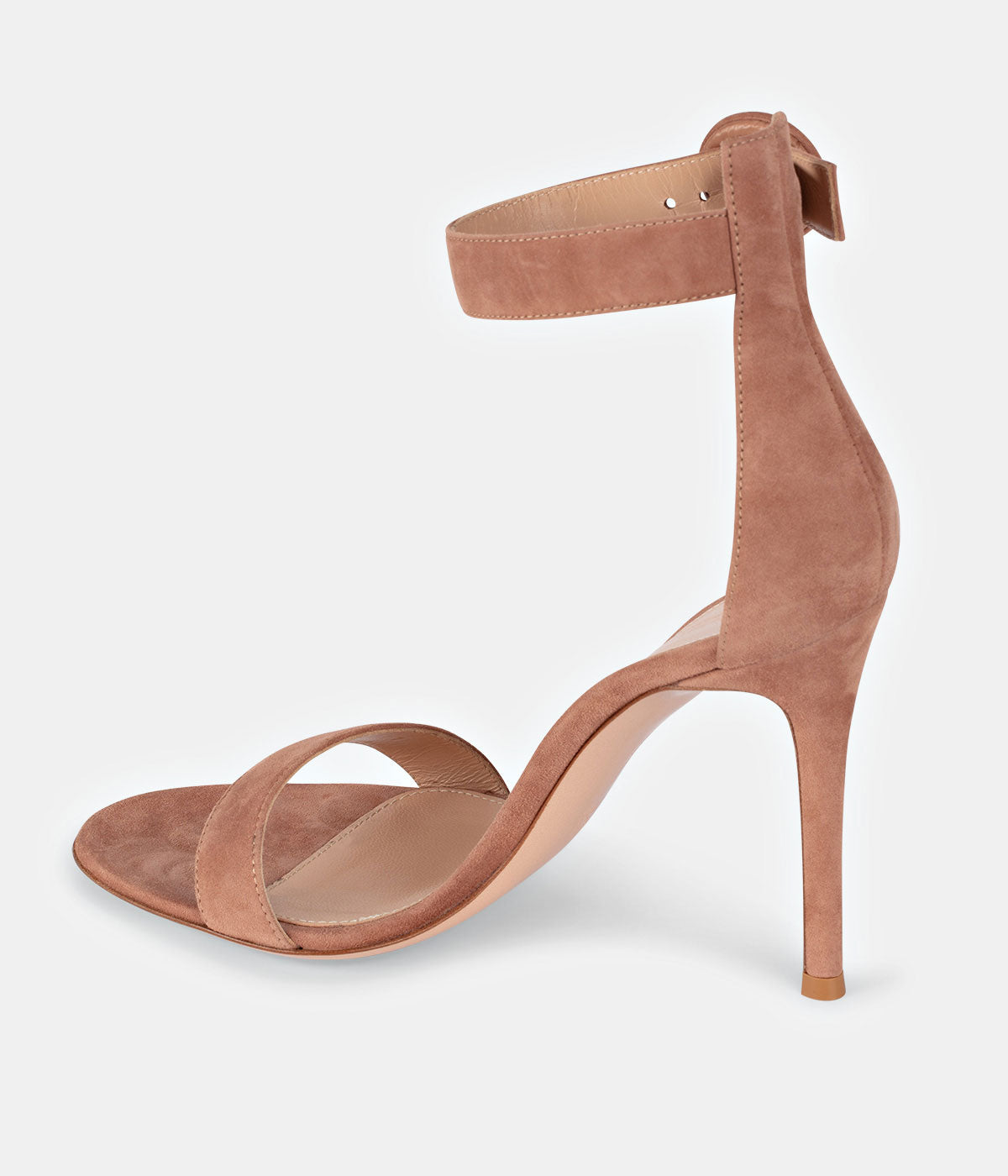 ALT text: Gianvito Rossi Portofino stiletto sandals in praline suede, featuring a sleek silhouette, round buckle fastening, and 10.5cm heel.