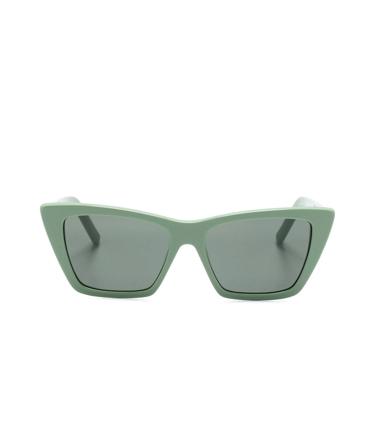 ALT text: Green Mica sunglasses with square cat-eye frame, UV-protective grey tinted lenses, and logo-debossed arms