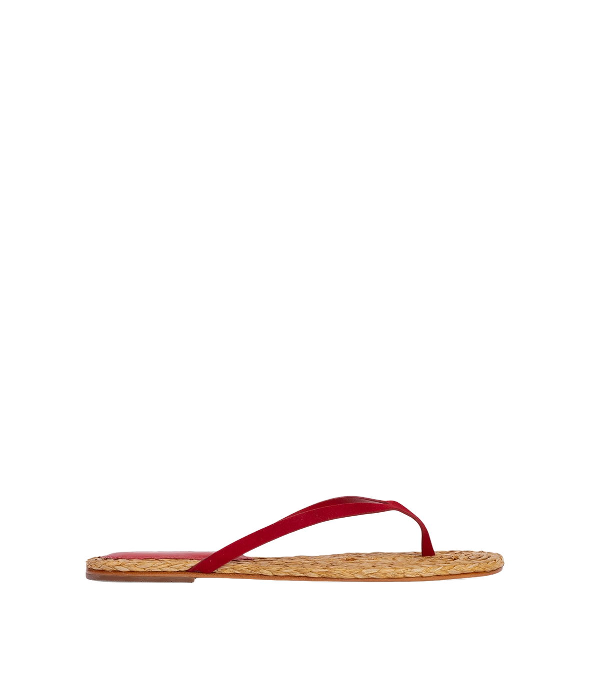 A single red thong sandal with a woven natural straw footbed - Alaya Sandal in Cherry Suede