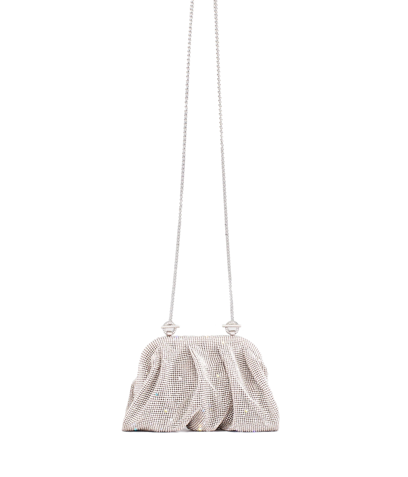 A silver rhinestone-embellished mesh handbag with a long silver chain strap, shown against a plain white background.