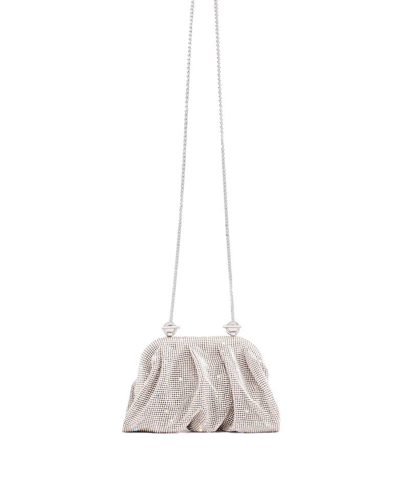A silver rhinestone-embellished mesh handbag with a long silver chain strap, shown against a plain white background.
