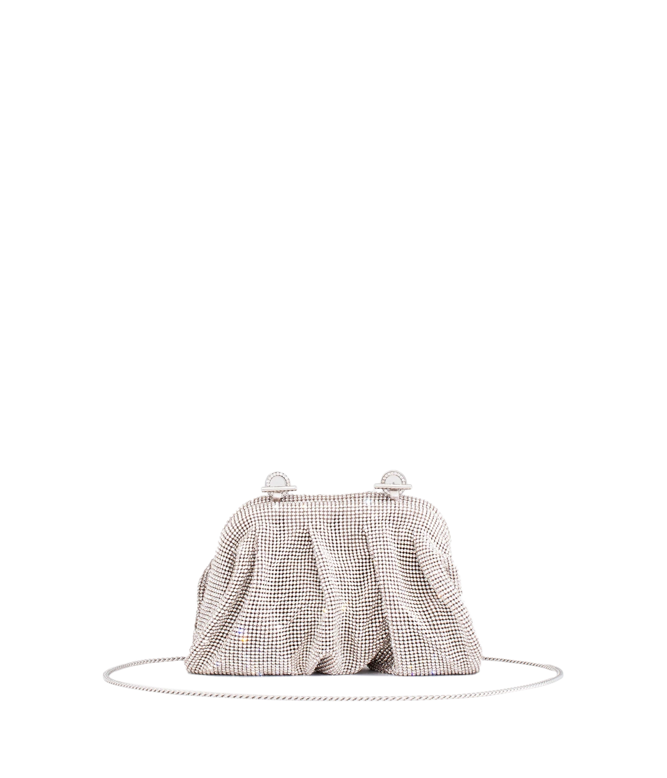 A small pleated clutch bag covered in a silver and white houndstooth pattern, featuring two pearl-like snap closures at the top and a thin silver chain strap, set against a plain white background.