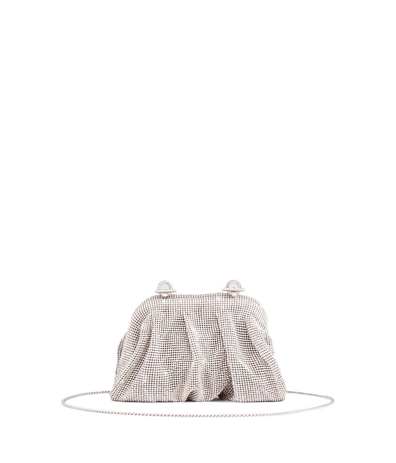 A small pleated clutch bag covered in a silver and white houndstooth pattern, featuring two pearl-like snap closures at the top and a thin silver chain strap, set against a plain white background.