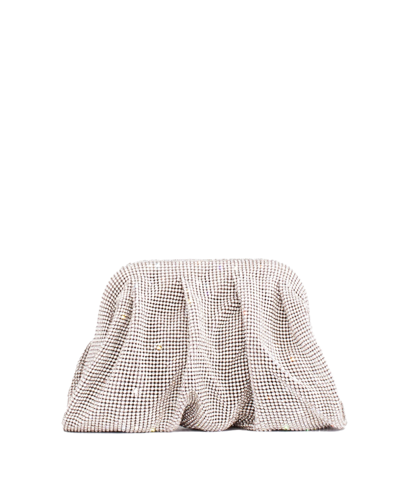 A pleated, structured clutch bag covered in a dense mesh of small clear rhinestones, creating a shimmering silver effect, set against a plain white background.