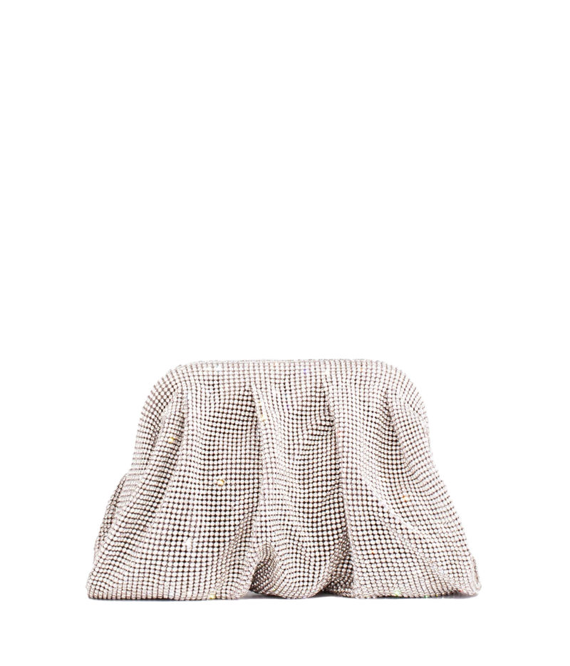A pleated, structured clutch bag covered in a dense mesh of small clear rhinestones, creating a shimmering silver effect, set against a plain white background.