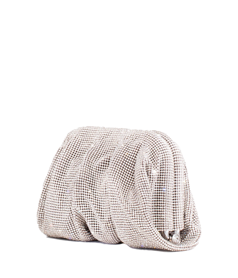 A metallic silver rhinestone mesh clutch purse with a pleated, draped design, shown on a plain white background.