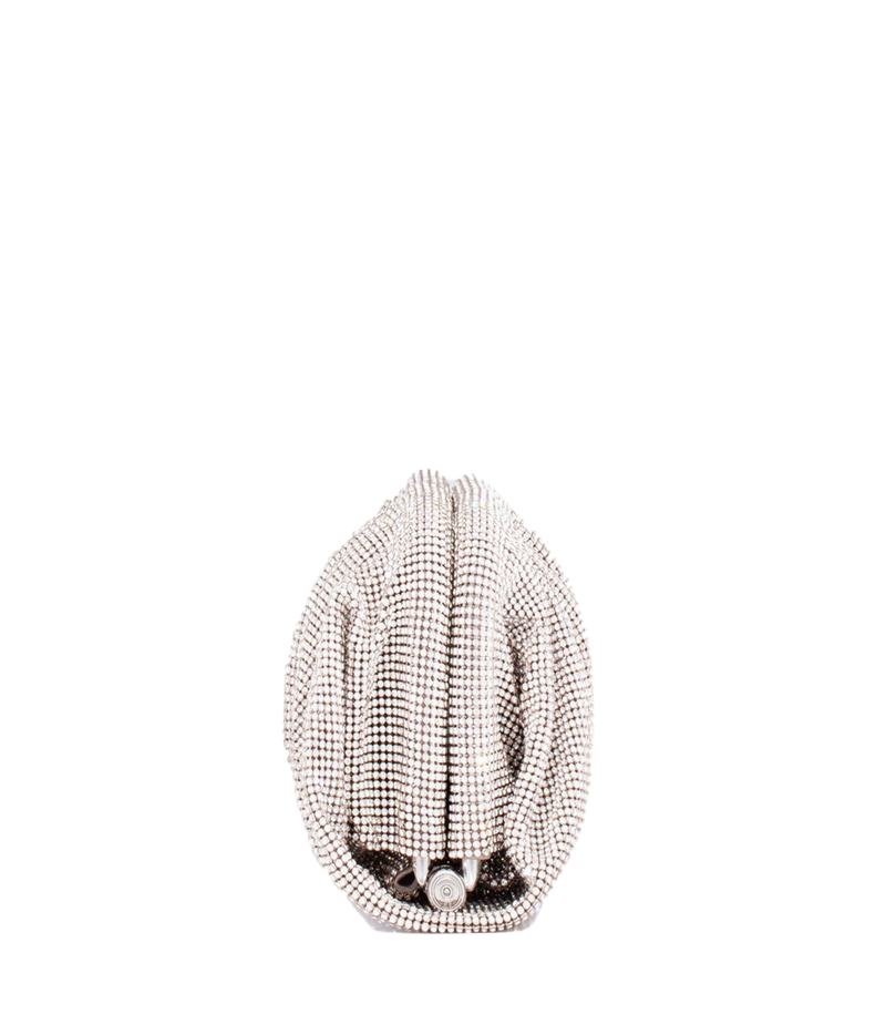 A structured evening clutch bag covered in shimmering rhinestones, featuring a central clasp